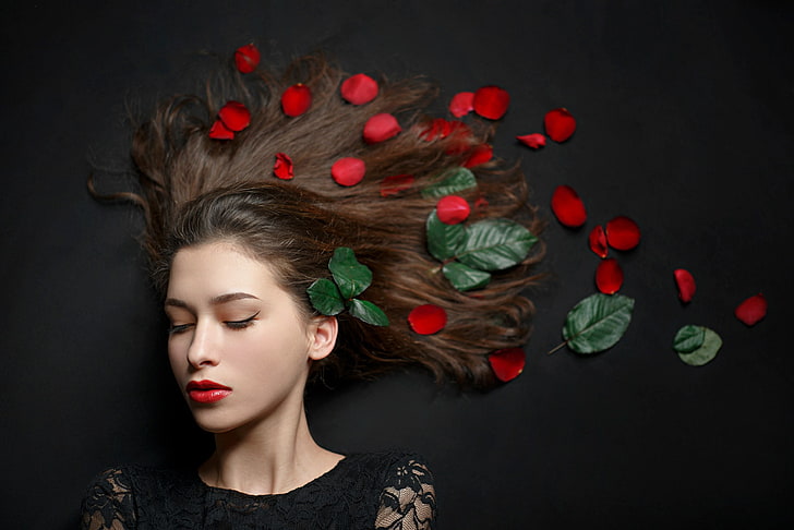 mujer, pintalabios rojo, hojas, cara, maquillaje, retrato, modelo, ojos cerrados, Fondo de pantalla HD