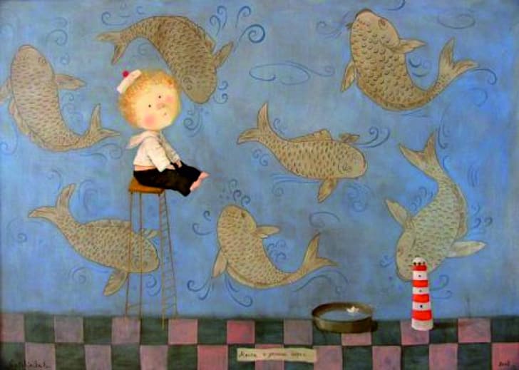 poisson, garçon, bol, Eugenia Gapchinska, Un petit miracle, Fond d'écran HD