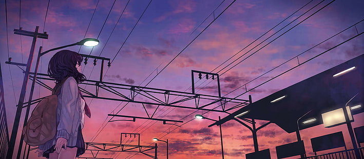 Estação de trem, Anime Girls, pôr do sol, esperando, personagem de anime de mulher de cabelo preto, estação de trem, meninas anime, pôr do sol, esperando, 2400x1050, HD papel de parede HD wallpaper