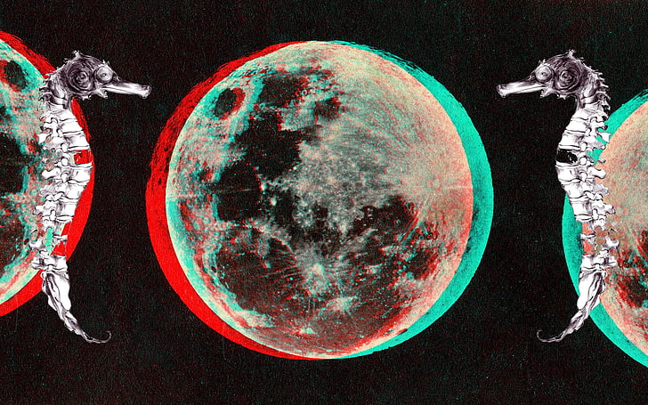 ภาพประกอบม้าน้ำ, ดวงจันทร์, 3 มิติ, 3D anaglyph, วอลล์เปเปอร์ HD