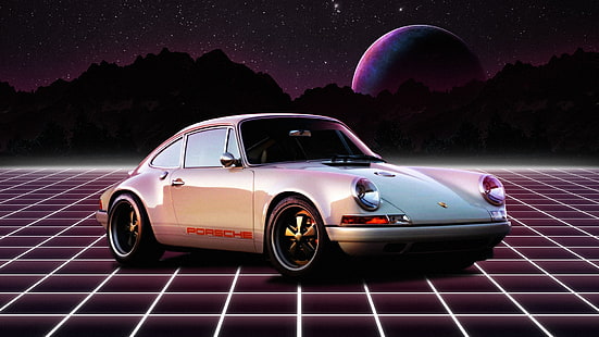 Montagne, Bianco, Porsche, Neon, Retro, Pianeta, Spazio, Macchina, Porsche 911, 1980, Synthpop, Darkwave, Synth, Retrowave, Synth-pop, Synthwave, Synth pop, Porsche 911 RSR, Sfondo HD HD wallpaper