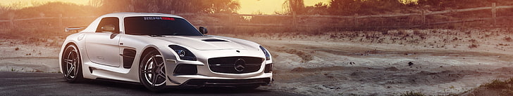 white coupe, car, triple screen, Mercedes-Benz, Mercedes SLS, HD wallpaper