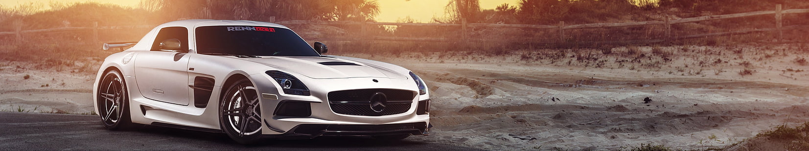 white coupe, car, triple screen, Mercedes-Benz, Mercedes SLS, HD wallpaper HD wallpaper