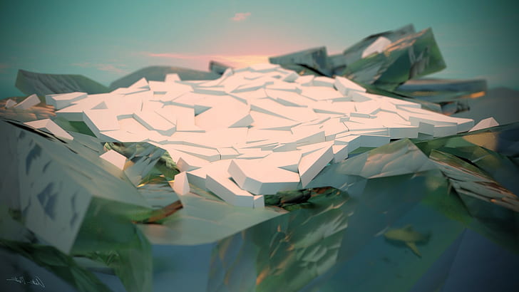 ice sea sunset minimalism voronoi diagram blender abstract fantasy art imagination, HD wallpaper