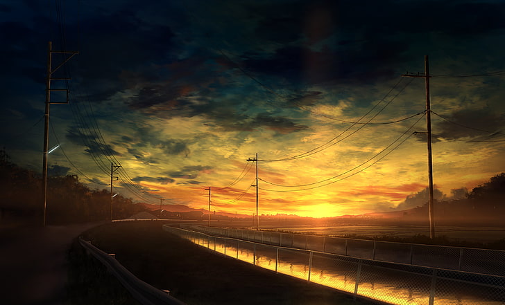 gray utility poles, sunset, road, anime, utility pole, HD wallpaper