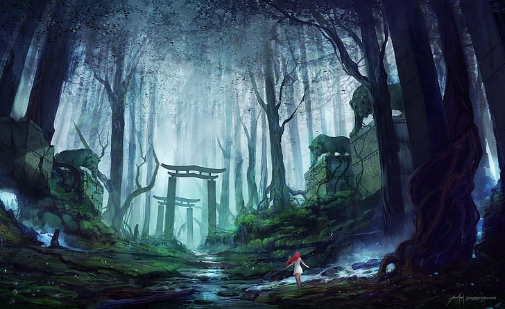 аниме, аниме девушки, рыжие, деревья, лес, HD обои