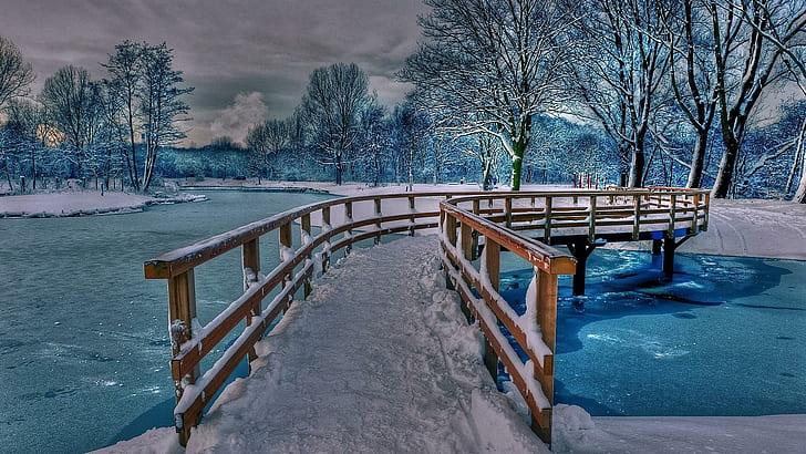 Wonderful Footbridge In Winter Hdr, brown wooden bridge, trees, river, winter, wood, bridge, nature and landscapes, HD wallpaper