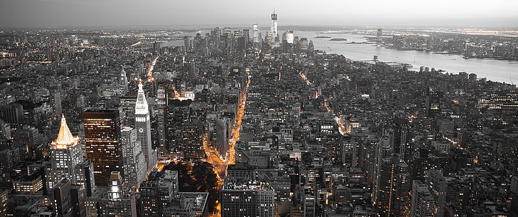 gray city buildings, city, New York City, selective coloring, lights, USA, cityscape, panorama, HD wallpaper