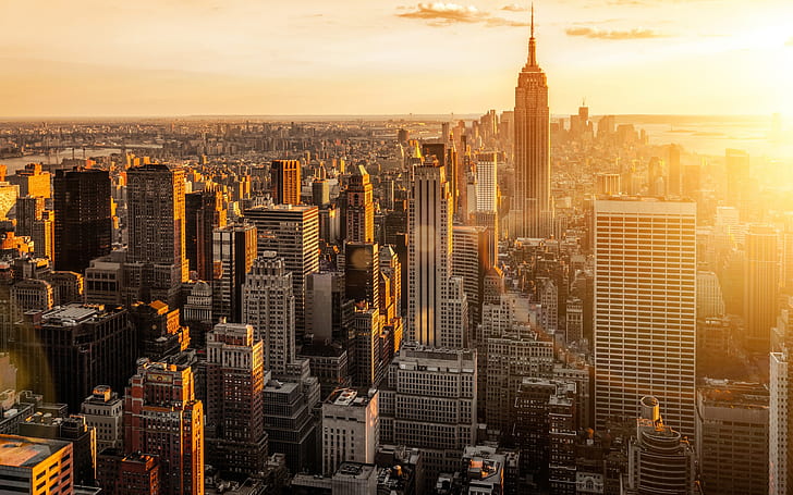 ニューヨーク、アメリカ合衆国、マンハッタン、都市の朝、夜明け、高層ビル、建物、ニューヨーク、アメリカ合衆国、マンハッタン、都市、朝、夜明け、高層ビル、建物、 HDデスクトップの壁紙