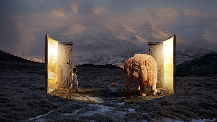 Fantasie, Traum, Tür, Mädchen, Landschaft, Löwe, Berg, HD-Hintergrundbild