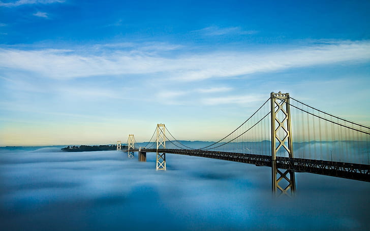 оукланд, залив мост, мъгла, Сан Франциско, Калифорния, САЩ, HD тапет