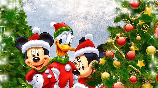 休日、クリスマス、クリスマスの飾り、クリスマスツリー、ドナルドダック、ミッキーマウス、ミニーマウス、 HDデスクトップの壁紙 HD wallpaper