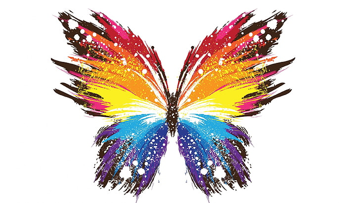 mångfärgad fjäril, färgrik, fjäril, konstverk, färgstänk, vit bakgrund, HD tapet
