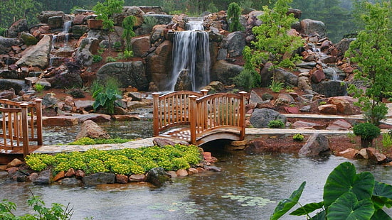 japanese garden, pond, stones, waterfall, ornamental garden, bridge, garden, HD wallpaper HD wallpaper