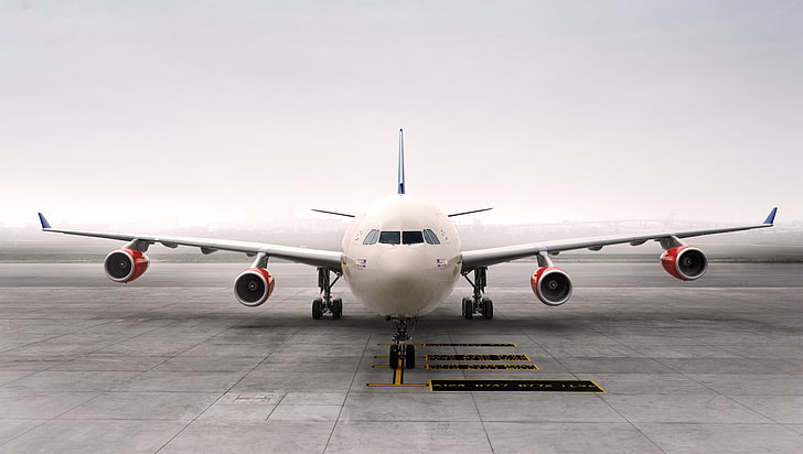 biały samolot, mgła, samolot, skrzydła, lotnictwo, pasażer, Airbus, przód, samolot pasażerski, A340, turbina, Tapety HD