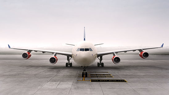 vitt flygplan, dimma, planet, vingar, luftfart, passagerare, airbus, fronten, flygplan, A340, turbin, HD tapet HD wallpaper