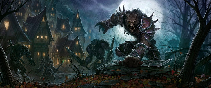 papel de parede de guerreiro lobo, noite, armas, ficção, casa, fantasia, lobos, guerreiros, World-of-Warcraft, HD papel de parede