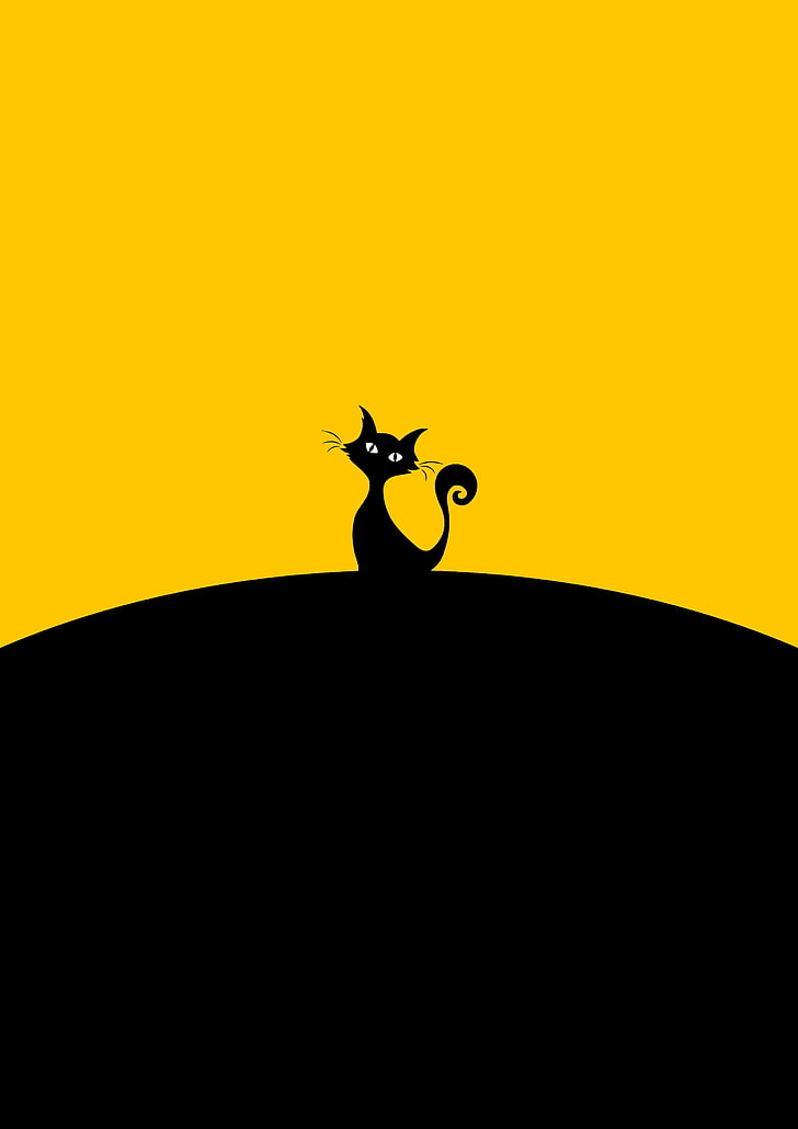 kucing, bayangan hitam, hitam, kuning, minimalis, Wallpaper HD, wallpaper seluler