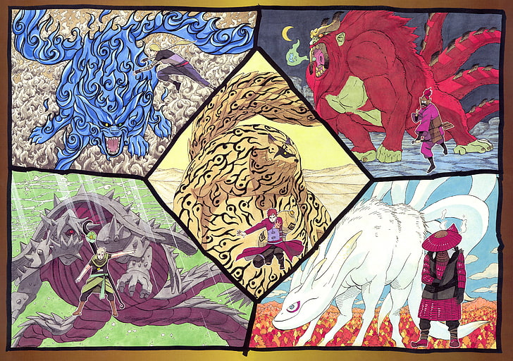 tres cuadros abstractos de colores variados, Naruto Shippuuden, Uzumaki Naruto, Masashi Kishimoto, Jinchuuriki, Fondo de pantalla HD
