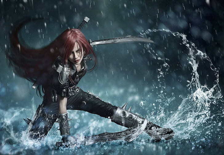 вымышленная рыжеволосая женщина, стоящая на коленях на земле с мечами-близнецами под обоями, Катарина, HD обои