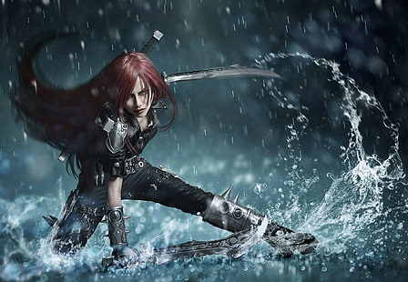 mujer pelirroja ficticia arrodillada en el suelo con espadas gemelas bajo el fondo de pantalla de lluvia, Katarina, Fondo de pantalla HD HD wallpaper