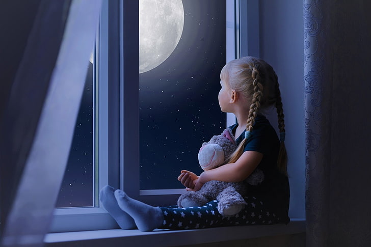 Fotografia, dziecko, blondynka, śliczna, dziewczynka, mała dziewczynka, księżyc, noc, okno, Tapety HD