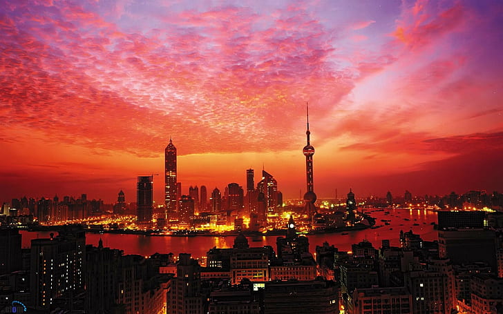 city town urban shanghai sunset skyscraper, HD wallpaper