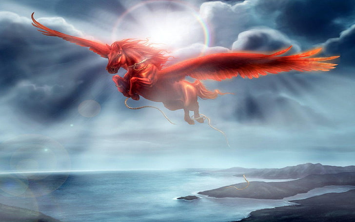 Фэнтези Океан Облака Крылья Красные Лошади Пегас Обои Hd 3840 × 2400, HD обои