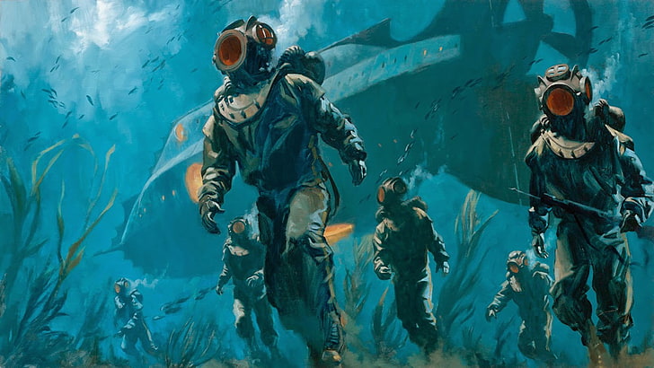 illustrazione di subacquei, arte digitale, illustrazione, 20000 leghe sotto il mare, Jules Verne, sott'acqua, mare, disegno, subacquei, sottomarino, uomini, pesce, Sfondo HD