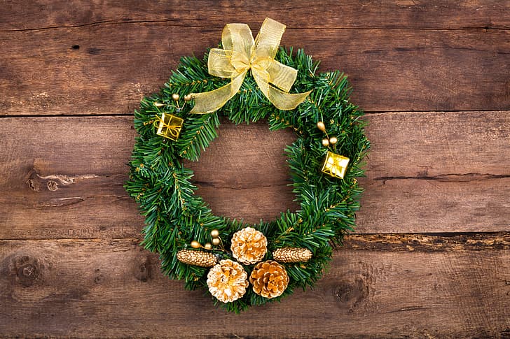 balls, tree, New Year, Christmas, wreath, wood, merry christmas, decoration, xmas, HD wallpaper
