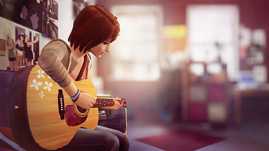 braunhaariges Mädchen Anime spielt Gitarre, Gitarre, Das Leben ist seltsam, Max Caulfield, HD-Hintergrundbild HD wallpaper