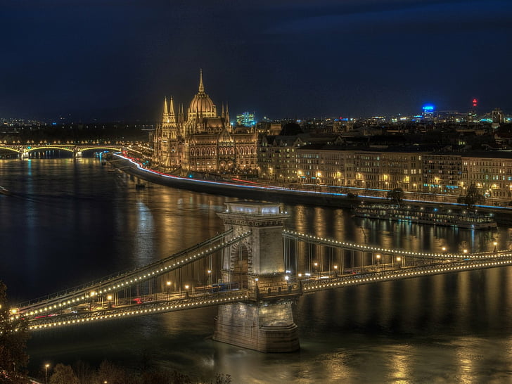 Cities, Budapest, Bridge, Building, Chain Bridge, City, Danube, Hungarian Parliament Building, Hungary, Night, River, HD wallpaper