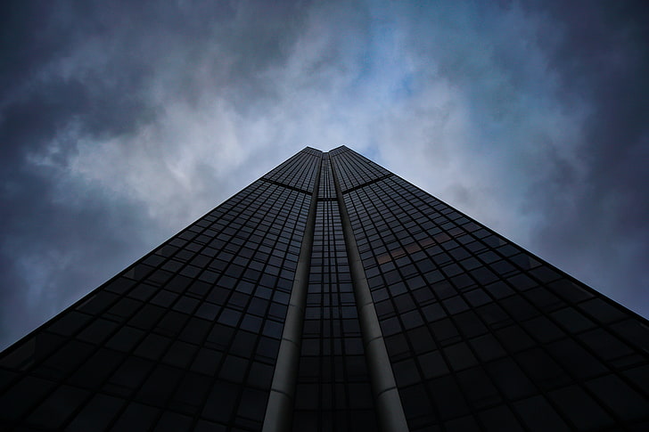 mirror high-rise building, skyscraper, building, architecture, sky, bottom view, HD wallpaper