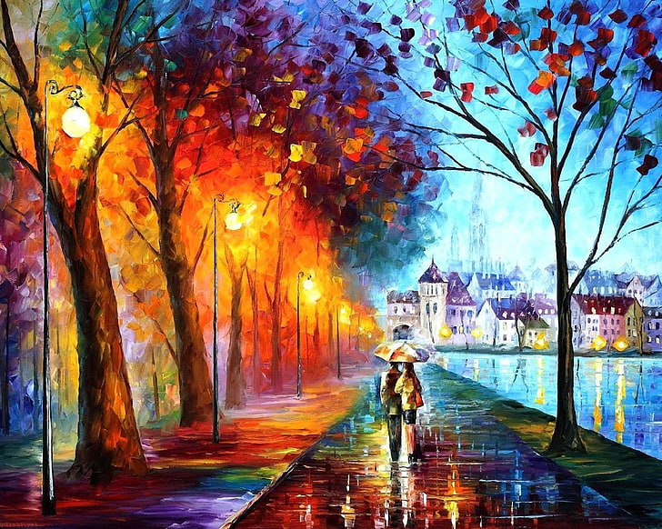man and woman under umbrella painting, autumn, drawing, walking, HD wallpaper