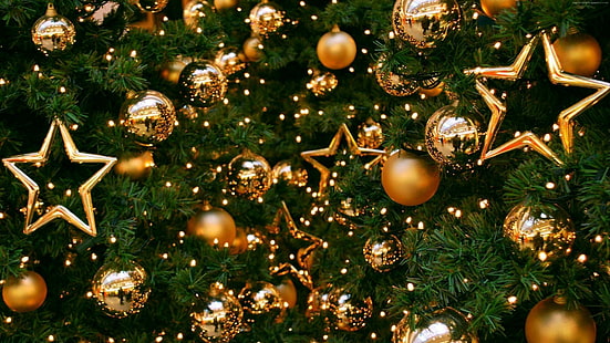 4k, balls, Christmas, New Year, toys, decorations, fir-tree, HD wallpaper HD wallpaper