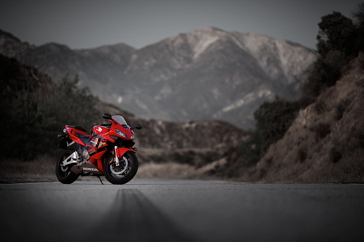 red and black sport bike, road, mountains, red, motorcycle, Honda, cbr600rr, HD wallpaper