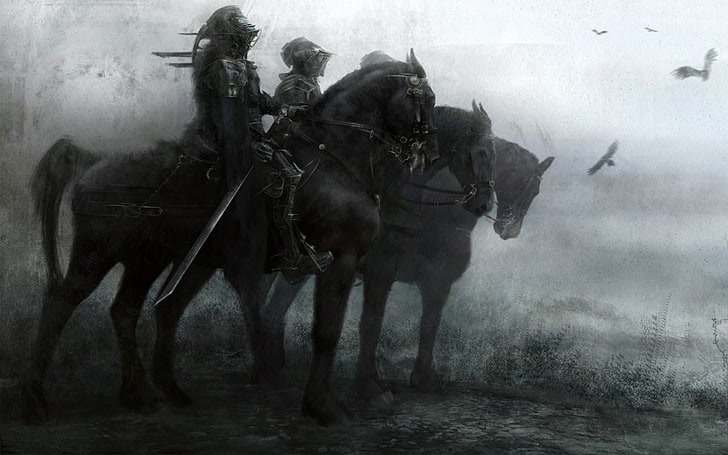 fondo de pantalla de caballeros, caballero, espada, caballo, fantasía oscura, obra de arte, Fondo de pantalla HD