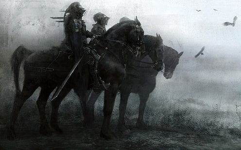 carta da parati cavalieri, cavaliere, spada, cavallo, fantasia oscura, opere d'arte, Sfondo HD HD wallpaper