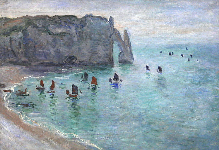 sea, rock, picture, boats, arch, sail, seascape, Claude Monet, Etretat. The Aval Door. Fishing Boats Leaving the Harbour, HD wallpaper