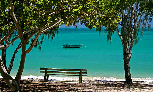 Острова Уитсандей у ​​Австралии - южная часть Тихого океана, коричневая деревянная скамейка, остров, экзотика, острова, тропический, Тихий океан, лагуна, уитсандей, пляж, юг, песок, океан, Австралия, синий, нью-з, HD обои HD wallpaper