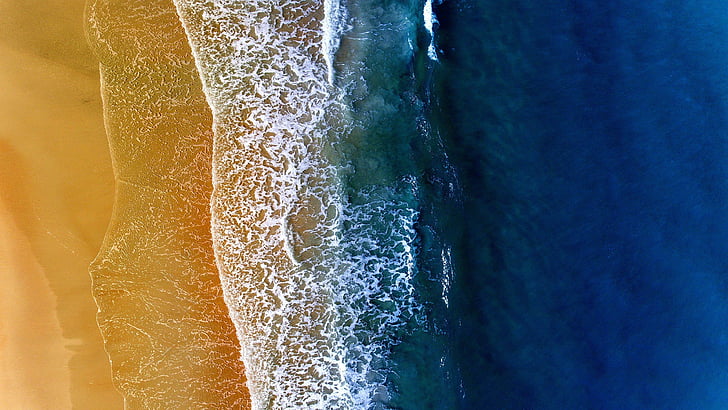 ola, mar, agua, espuma, vista aérea, fotografía aérea, playa de arena, mar azul, Fondo de pantalla HD