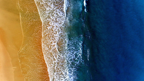 волна, море, вода, пена, вид с воздуха, аэрофотосъемка, песчаный пляж, синее море, HD обои HD wallpaper