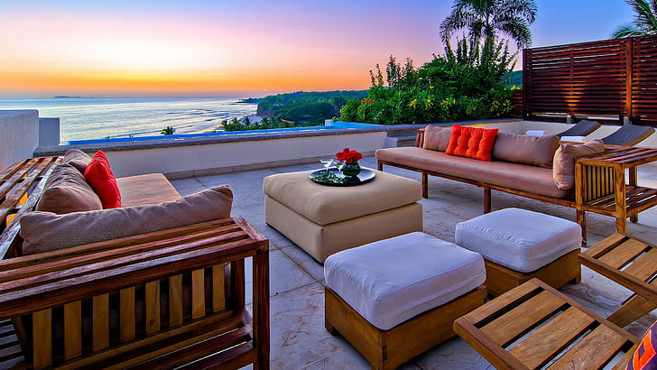 Terrasse élégante ♥, en plein air, nature, élégante, douce maison, style, vert, plage, meubles, magnifique, confortable, moderne, Fond d'écran HD