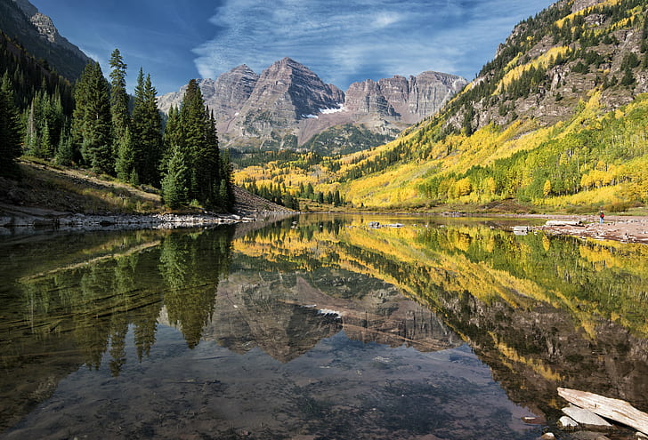 photography of lake surrounded by trees, Lake, photography, trees, Maroon Bells, Colorado, mountains, Leaves, Nikon D800E, nature, mountain, landscape, scenics, outdoors, reflection, water, autumn, forest, tree, beauty In Nature, rock - Object, summer, travel, mountain Range, mountain Peak, national Landmark, sky, river, HD wallpaper