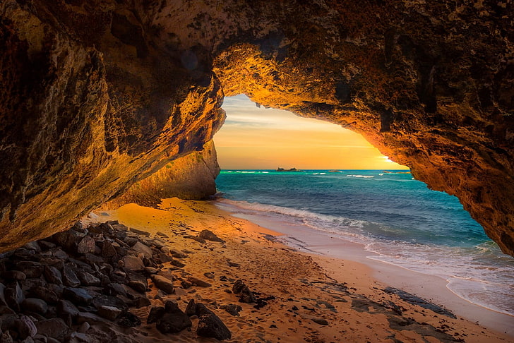 photo of cave and ocean, landscape, nature, cave, beach, sea, sunset, sand, island, sunlight, rock, Turks & Caicos, HD wallpaper