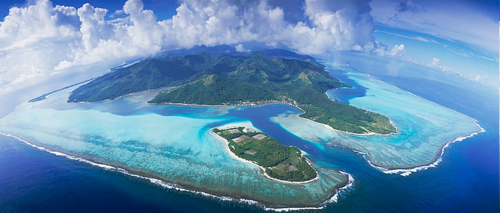aerial view panoramas bora bora atolls tropical clouds sea mountain beach nature landscape, HD wallpaper
