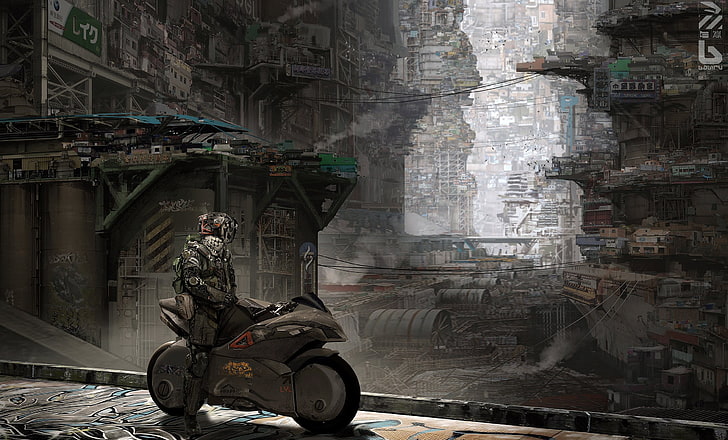 man riding on sports bike illustration, the city, fiction, robot, motorcycle, bike, cyborg, cyberpunk, slums, HD wallpaper