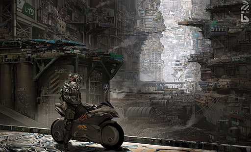 mężczyzna jadący na rowerze sportowym ilustracja miasto, fikcja, robot, motocykl, rower, cyborg, cyberpunk, slumsy, Tapety HD HD wallpaper