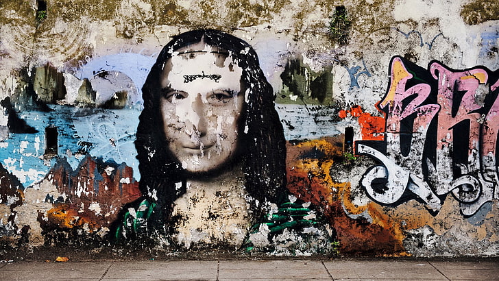 Mona Lisa graffiti, calligraphy, Mona Lisa, graffiti, wall, HD wallpaper