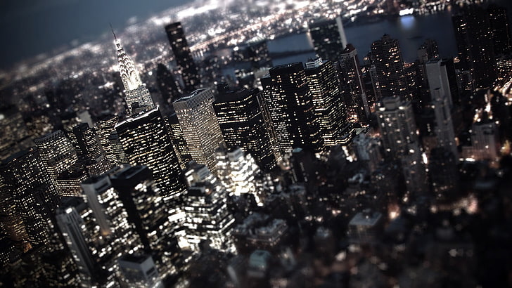 Chrysler Tower, photographie en continu du centre-ville de New York, paysage urbain, tilt shift, gratte-ciel, lumières, New York, Fond d'écran HD